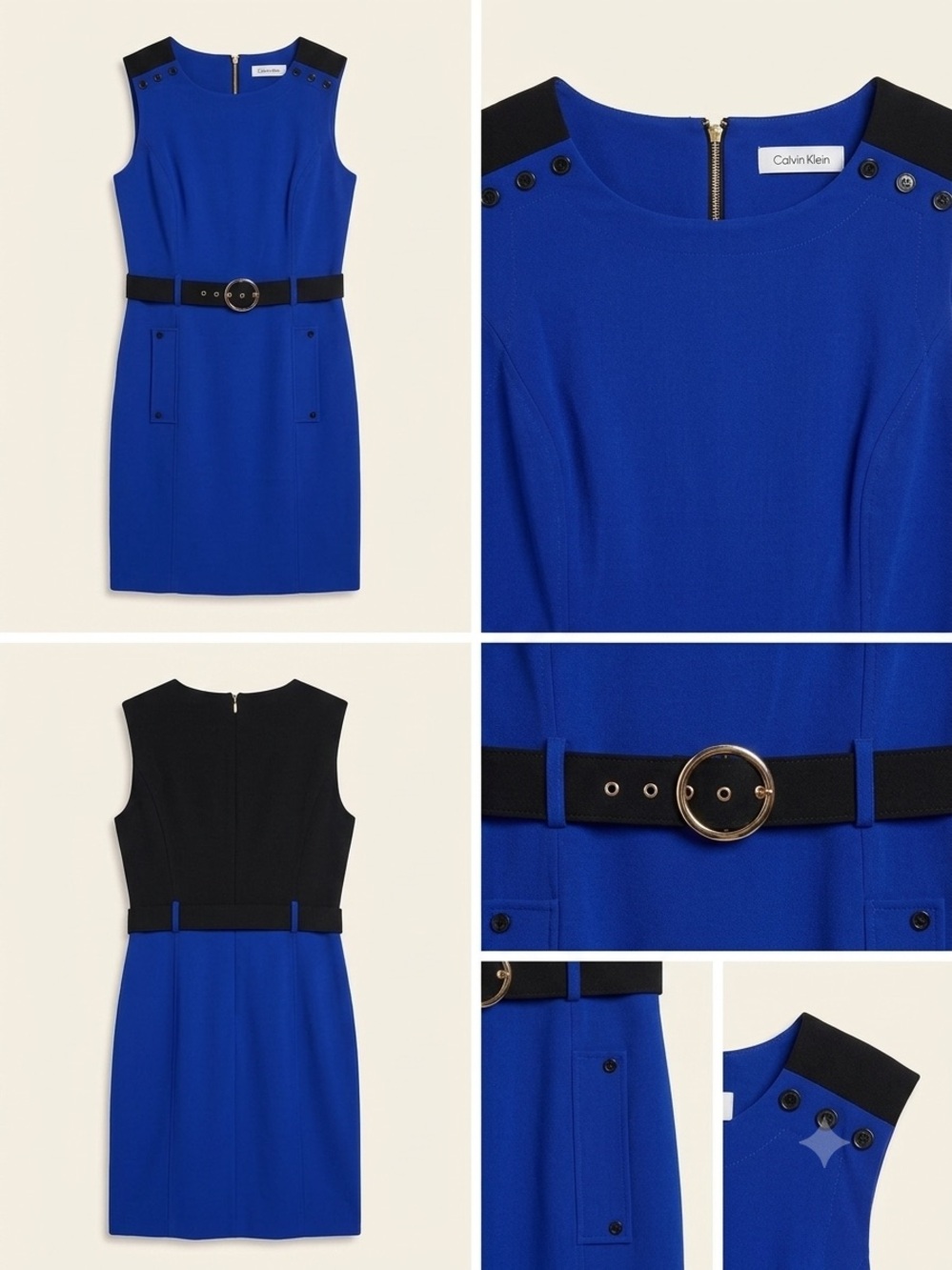 Calvin Klein Royal Blue and Black Sleeveless Sheath Dress with Belt
